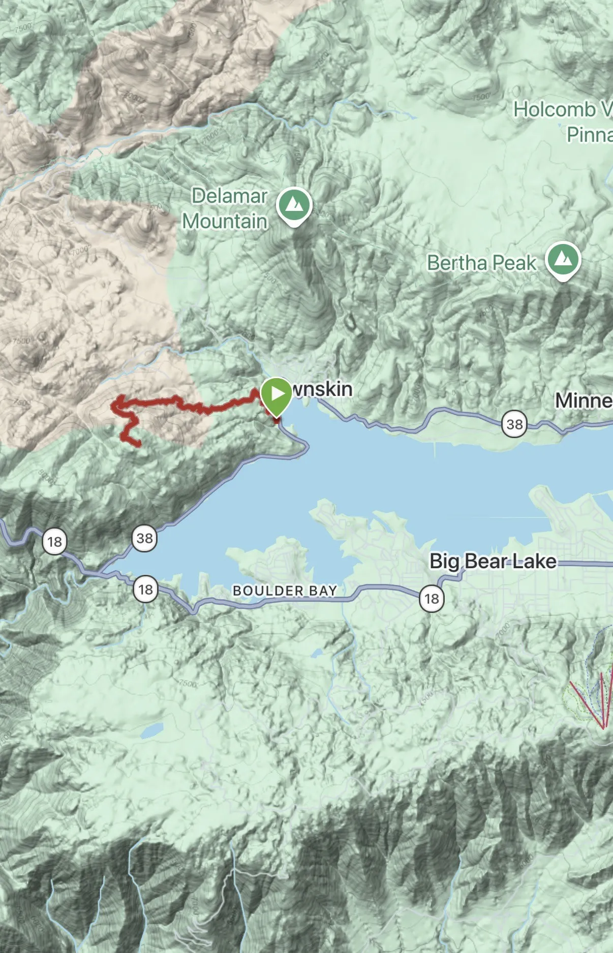 Trail map: the route climbs west from the trailhead near Fawnskin on the north shore of Big Bear Lake